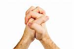 Praying male hands isolated on white with clipping path. (horizontal format)