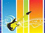 vector illustration of speakers, microphone, guitar, turntable, cassette on abstract musical backgrround