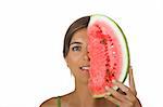 Beautiful young woman holding a watermellon slice and just showing alf of the face