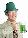 Man of Irish heritage enjoying a green beer on St. Patrick's Day and singing a drinking song.  Isolated on white.