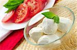 Bocconcini cheese, basil and sliced tomatoes - ingredients of traditional italian cuisine