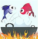 Illustration of two fishes jumping from frying vessel
