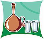 Illustration of a clay pot and glasses in green background