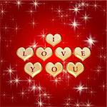 3d golden hearts, red letters, text - I love you, stars