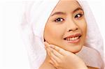 Fresh and Beautiful woman wearing white towel on her head