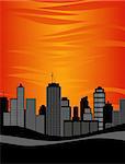 vector illustration of sun setting over highrise city skyline