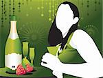 Silhouette of lady sitting in a restaurant with strawberry fruits in table