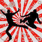 jumping men on grunge abstract background with circles