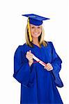 A female caucasian with blond hair standing in blue graduation gown and smiling.  She is on a white background.