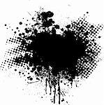 Ink splat overlayed by halftone dots in black and white