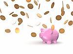 3d rendered illustration of falling coins and a pink piggy