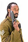 A Black man in a Army jacket with a gun isolated on a white background.