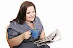 Pretty plus-sized businesswoman drinking coffee and reading the paper.  Isolated on white.