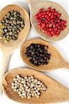 Four kinds of peppercorns in wooden cooking spoons