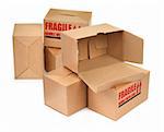 group of cardboard boxes againt white background, minimal shadow among, focus set in foreground