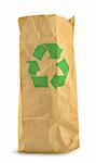 brown paper bag with recycle symbol against white background, gentle minimal shadow in front and left side