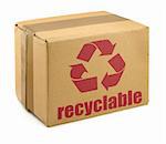 close-up of cardboard box with recyclable symbol against white background