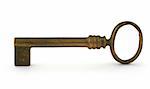 gilded antique key with a smalll shadow in front against white background