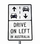 Drive on left in Australia sign, Great Ocean Road, Victoria, as reminder to tourists.