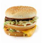 close-up of appetizing hamburger on white