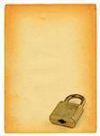 sheet of old stained paper with padlock isolated on pure white background