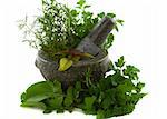 Healing herbs in a granite mortar and pestle