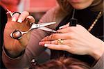 Hair cutting: hair stylist at work with scissors