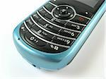 close-up of a blue phone on a white background