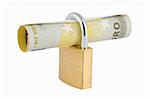 Padlock with banknote inside over white background