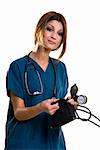 Confident pretty woman healthcare worker wearing blue scrubs and a stethoscope standing on white