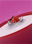 3d rendered illustration of a strawberry falling into milk