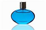 Blue perfume bottle with reflection on white background