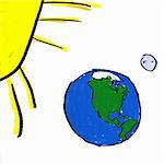 A childlike drawing of the earth moon and sun