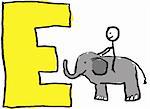 A childlike drawing of the letter E, with a stick person and riding a small elephant