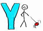 A childlike drawing of the letter Y, with a stick man playing with a yo-yo