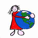 A girl holding the globe - a childlike drawing