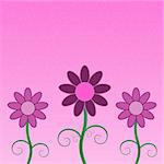 Graphic illustration of pink and purple flowers against an abstract circle background.