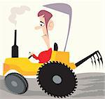 Illustration of a man driving tractor in a field