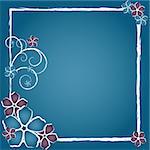 Graphic illustration of grunge frame with swirls and abstract flowers in blue and purple.
