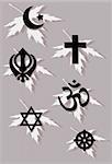 Illustration of various religious symbols on maple leaf