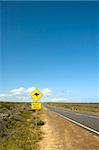 A sign warns motorists of the presence of kangaroos for the next 10 kilometers