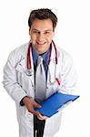 Smiling doctor carrying a blue folder