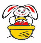 Happy  rabbit  with a basket of easter eggs on a white background. Easter illustration.