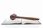 Wooden gavel from the court over the opened law book reflected on white background with space for text. Shallow DOF