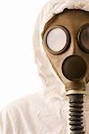 Person in gas mask on white background