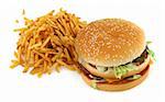 french fries and hamburger against white background