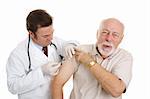 Senior man getting a painful injection from his doctor.  Isolated on white.