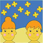 Boy and Girl Durring Summer Time Illustration Vector With Flowers In Sky