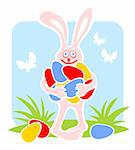 Cheerful rabbit with easter eggs on a white background.