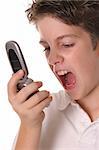 young boy yelling into cellphone